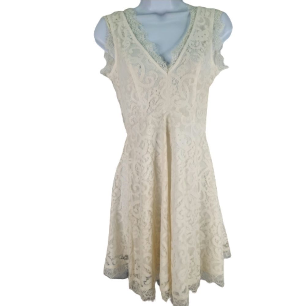 Tobi XS A-Line Deep V Short Dress Off White Cream